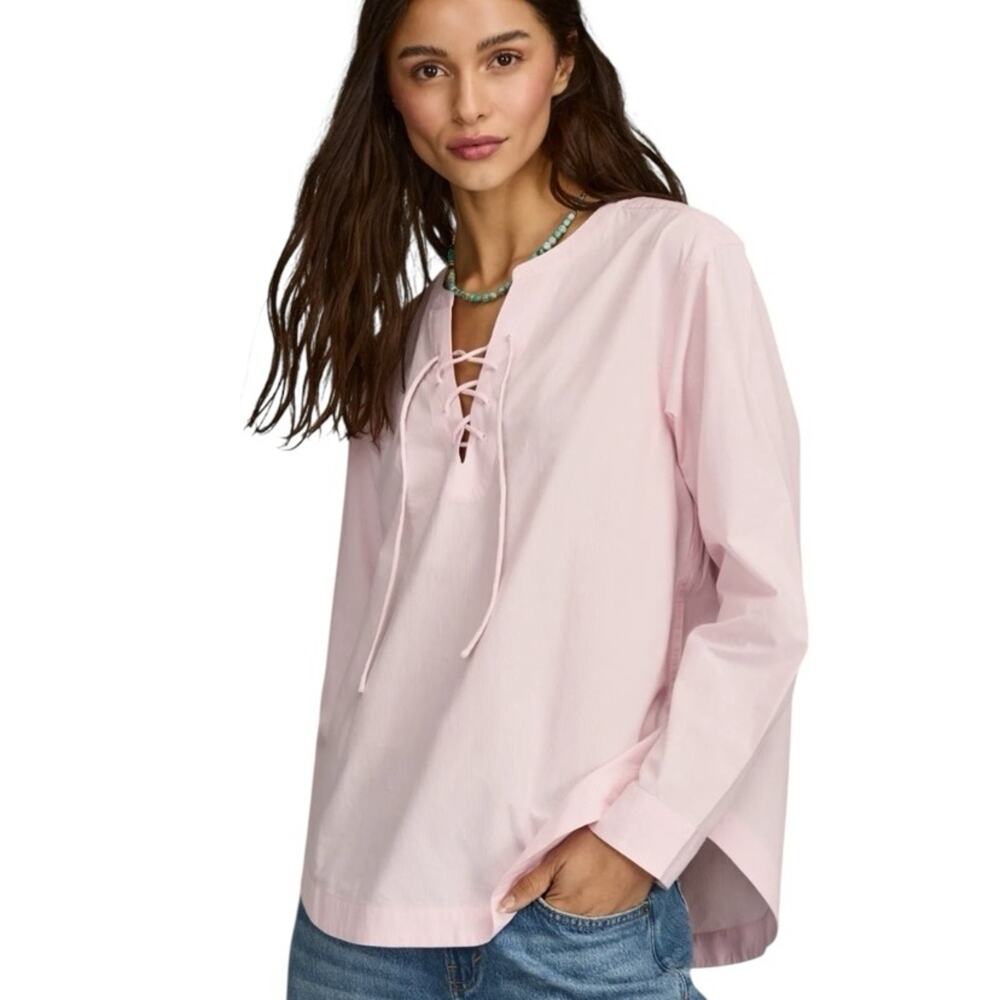Lucky Brand NWTs Pink Stripe Poplin Lace-Up Blouse Top size small